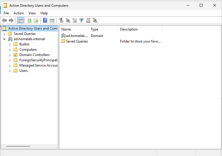 Active Directory Users and Computers showing the new homelab domain